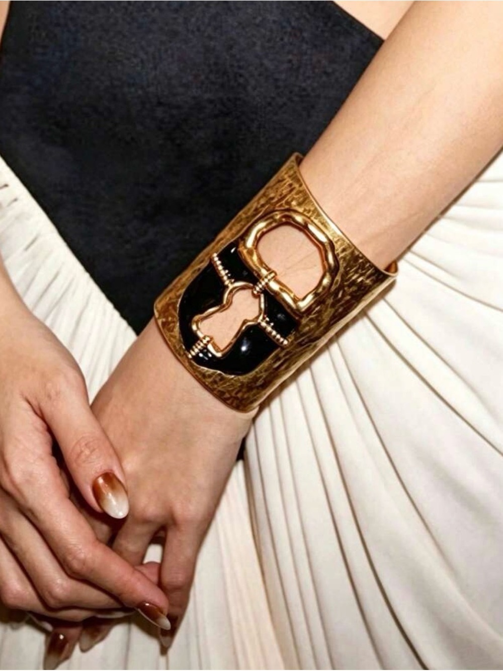 Gold-tone Black Enamel Statement Cuff Bracelet